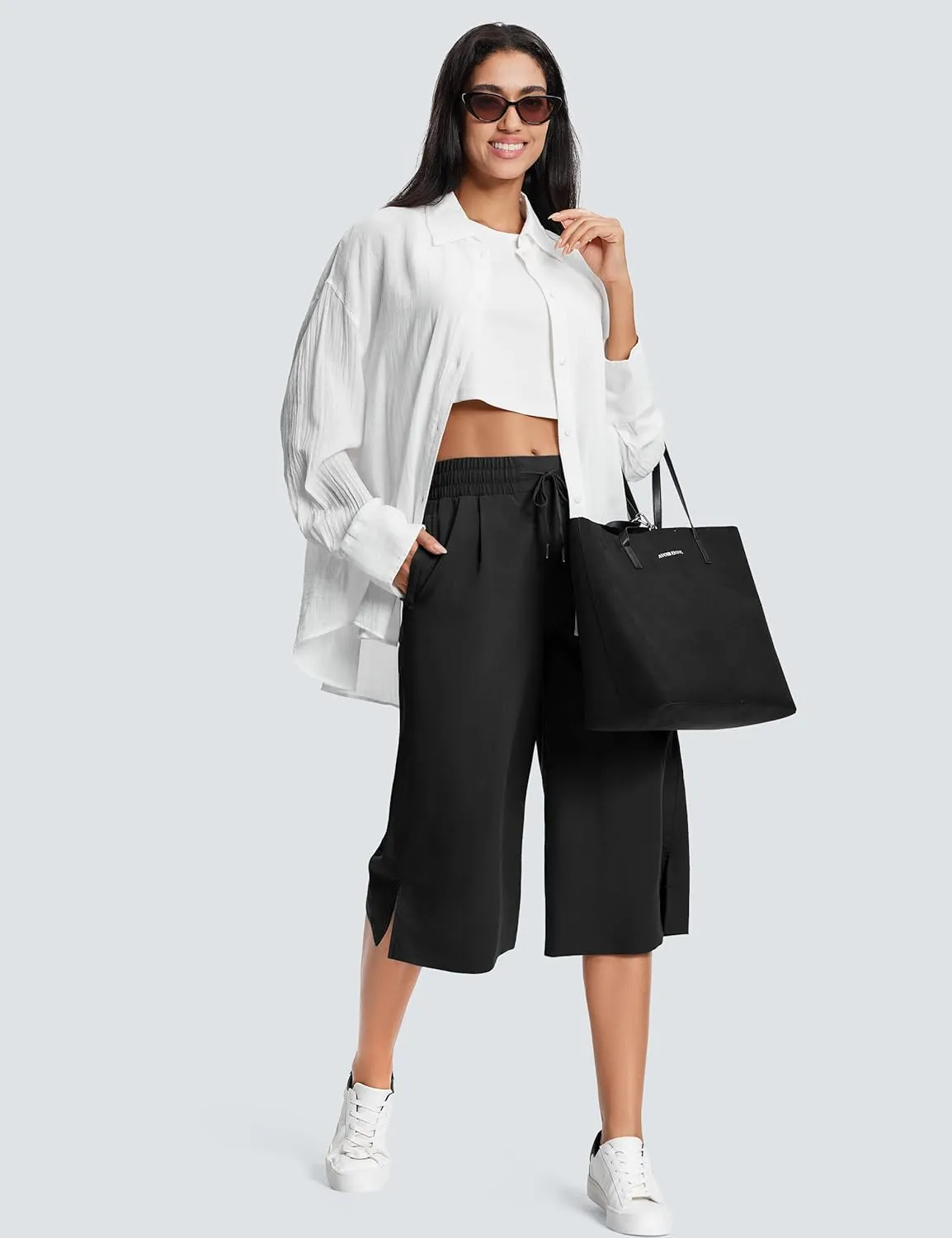 18" Capri Pants for Women Wide Leg Capris with Pockets for Women Lightweight Womens Capris for Summer Yoga Casual