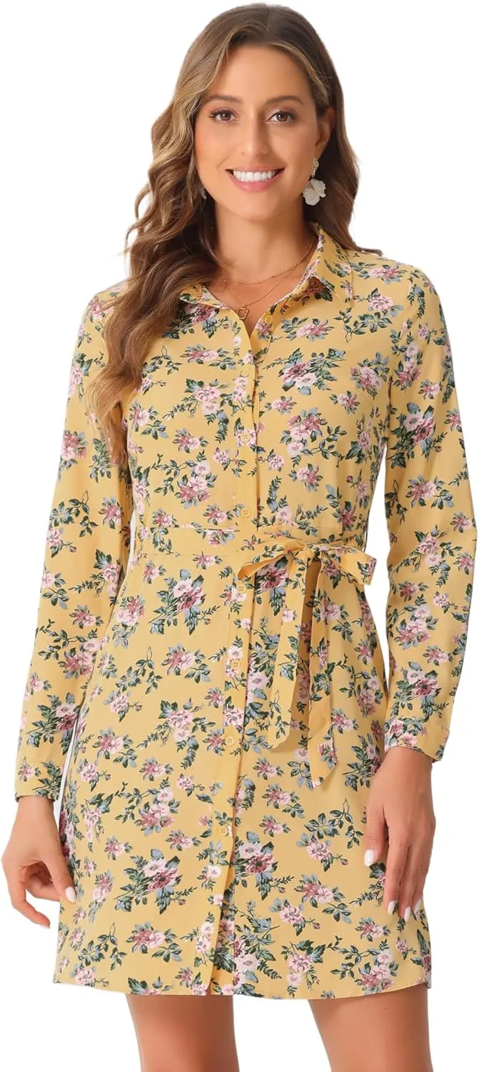 Allegra K Women's Button Down Vintage Polka Dots Dresses Collar Tie Belted Shirt Dress