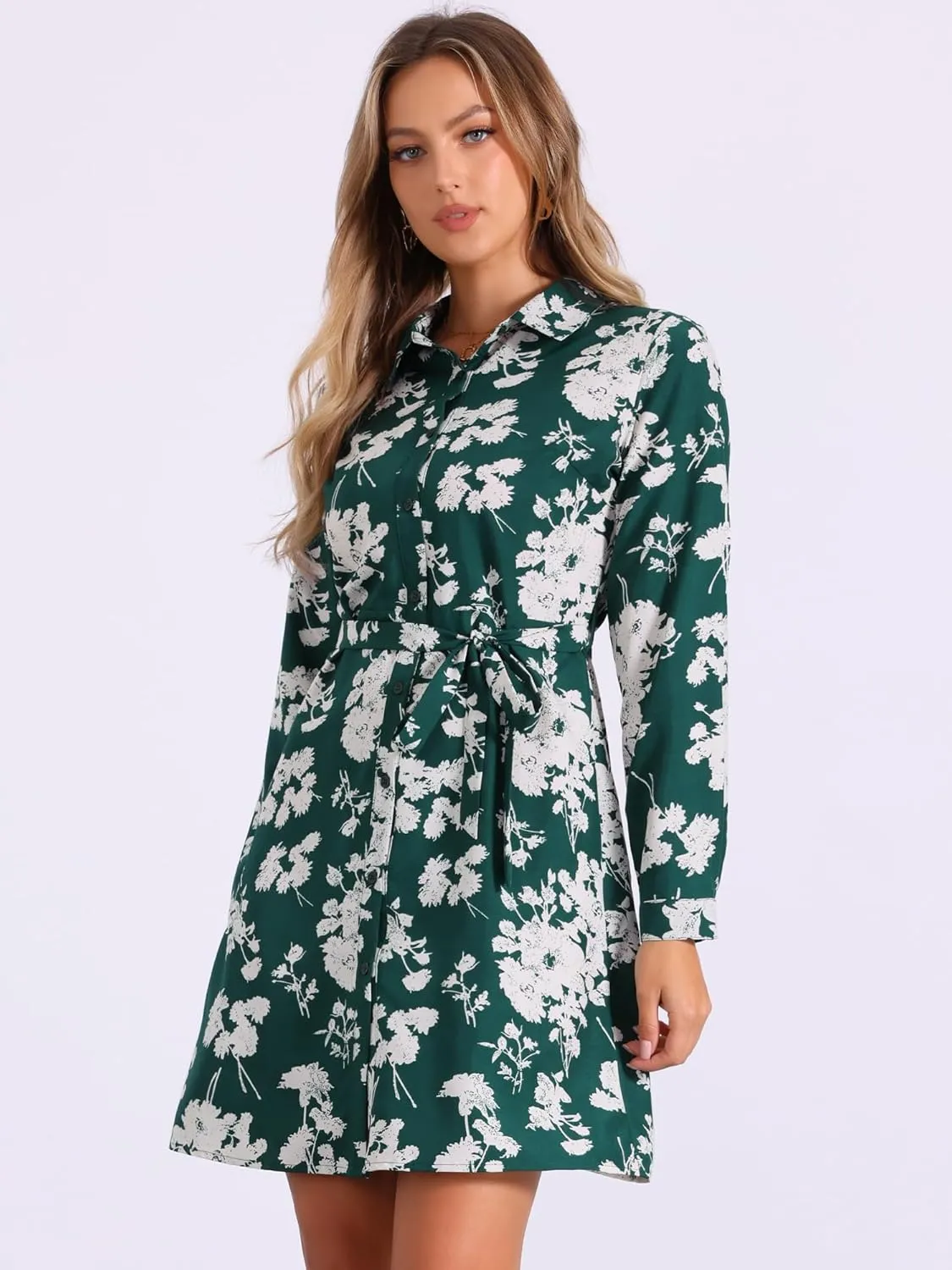Allegra K Women's Button Down Vintage Polka Dots Dresses Collar Tie Belted Shirt Dress
