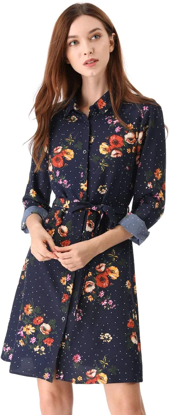 Allegra K Women's Button Down Vintage Polka Dots Dresses Collar Tie Belted Shirt Dress