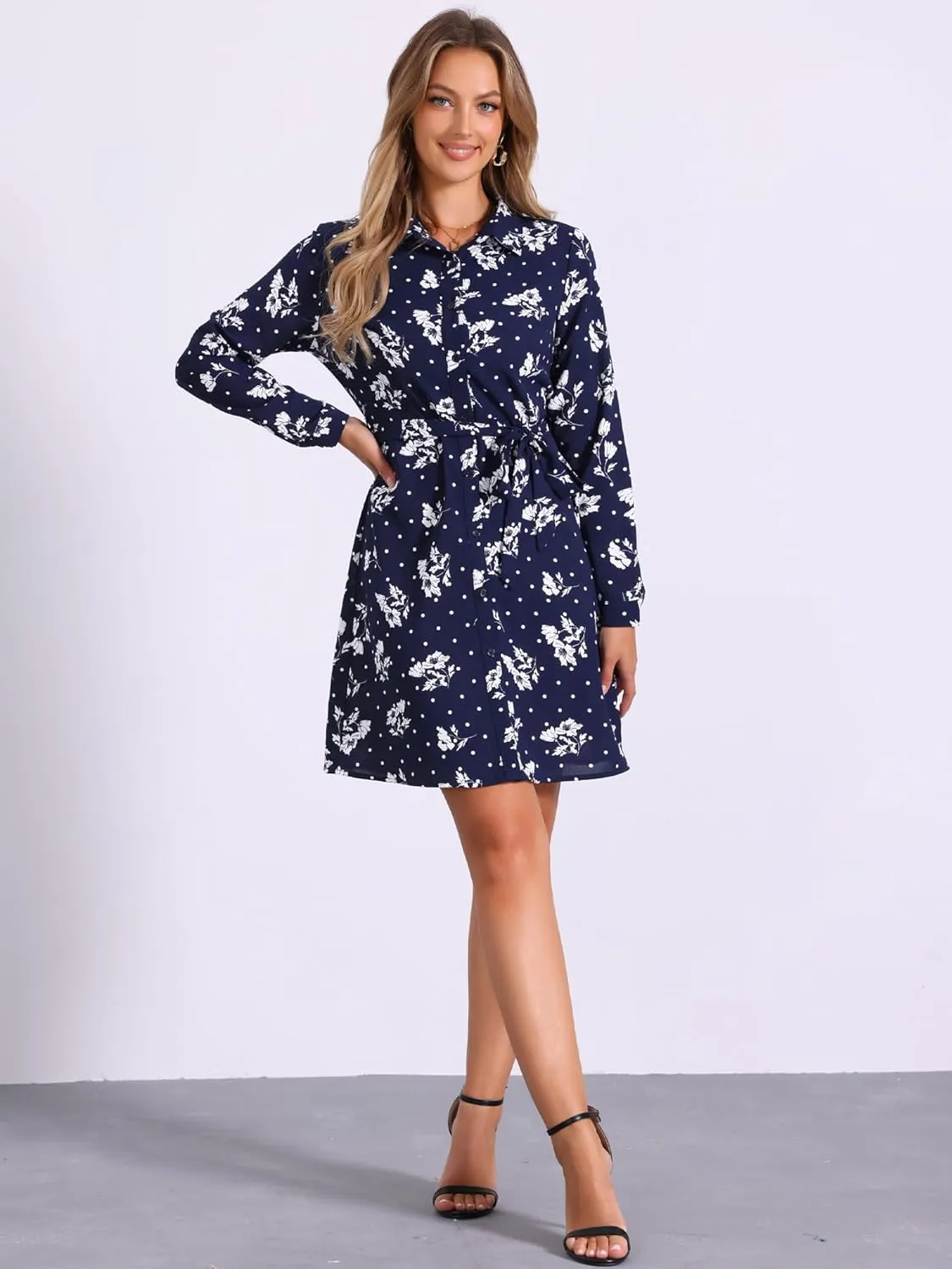 Allegra K Women's Button Down Vintage Polka Dots Dresses Collar Tie Belted Shirt Dress