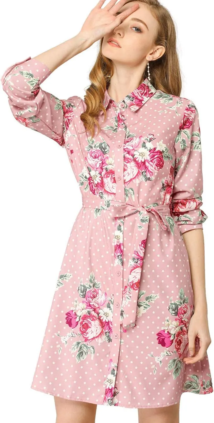 Allegra K Women's Button Down Vintage Polka Dots Dresses Collar Tie Belted Shirt Dress