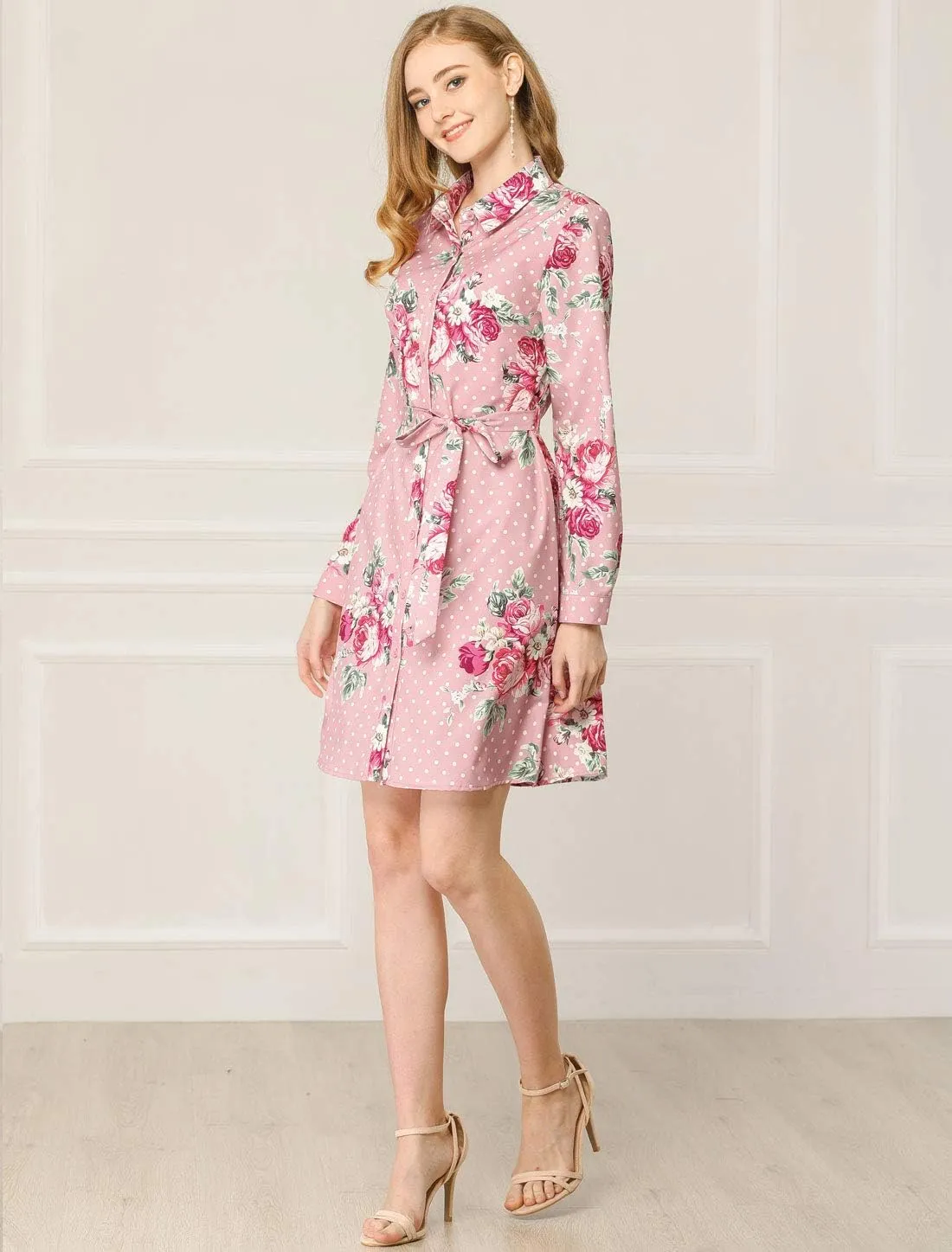 Allegra K Women's Button Down Vintage Polka Dots Dresses Collar Tie Belted Shirt Dress