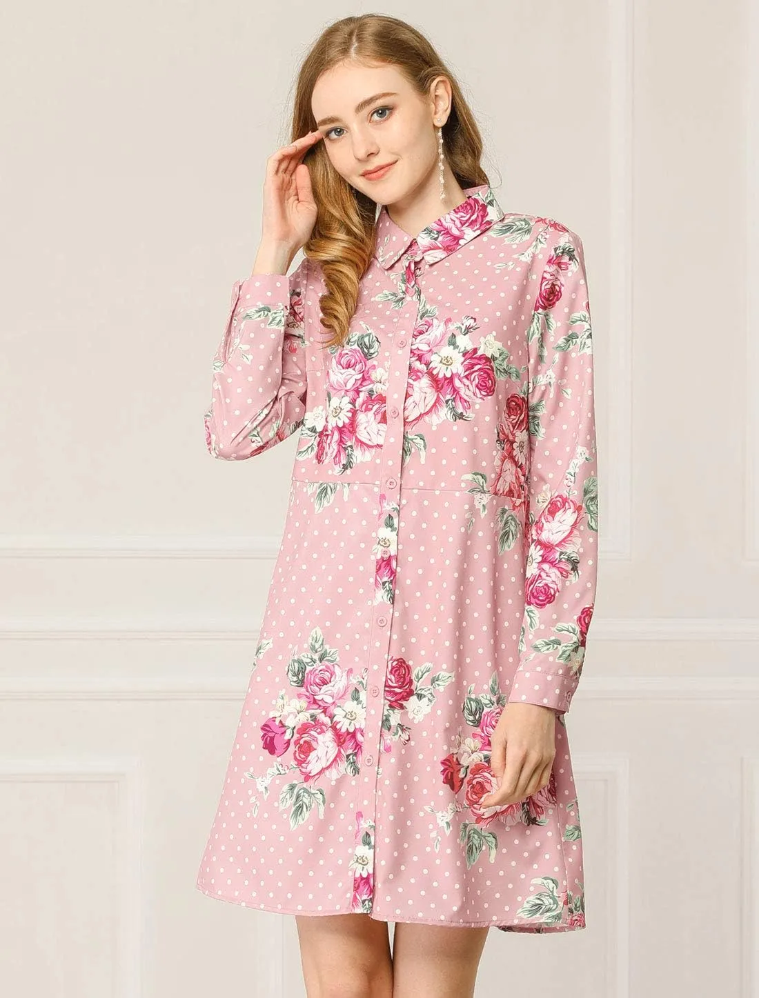 Allegra K Women's Button Down Vintage Polka Dots Dresses Collar Tie Belted Shirt Dress