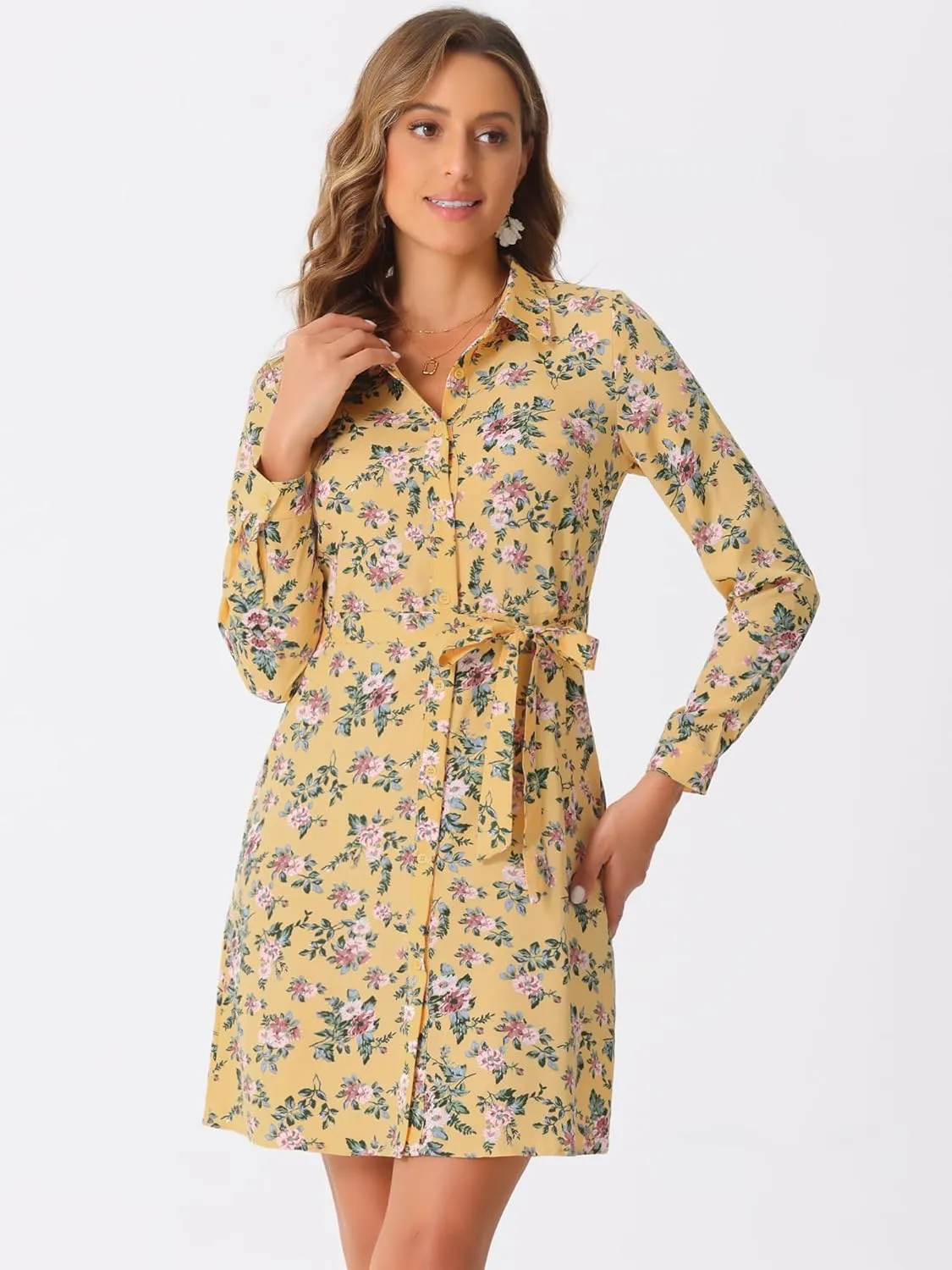 Allegra K Women's Button Down Vintage Polka Dots Dresses Collar Tie Belted Shirt Dress