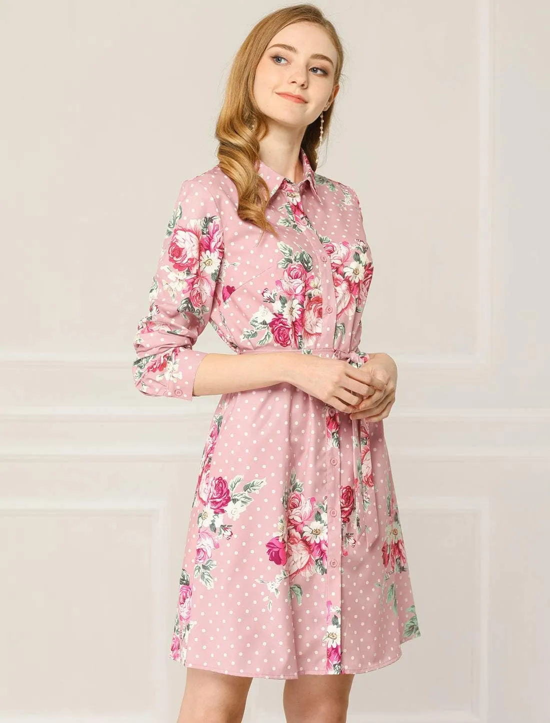 Allegra K Women's Button Down Vintage Polka Dots Dresses Collar Tie Belted Shirt Dress