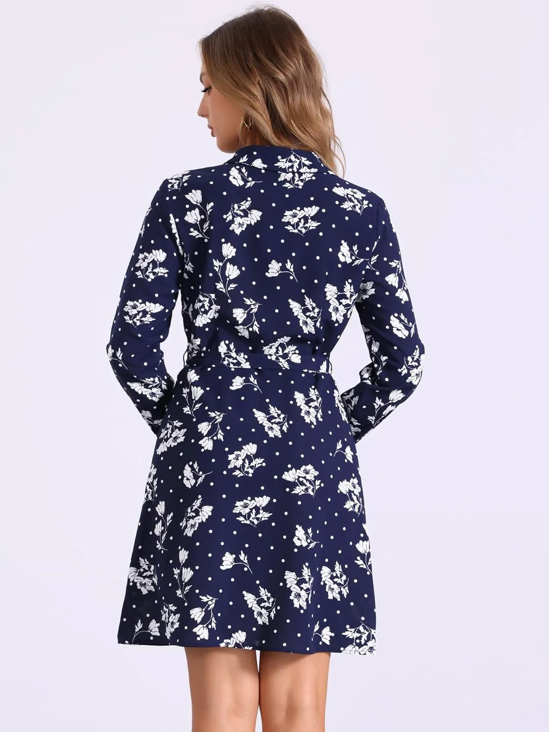 Allegra K Women's Button Down Vintage Polka Dots Dresses Collar Tie Belted Shirt Dress