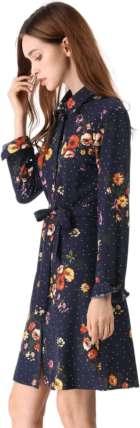 Allegra K Women's Button Down Vintage Polka Dots Dresses Collar Tie Belted Shirt Dress