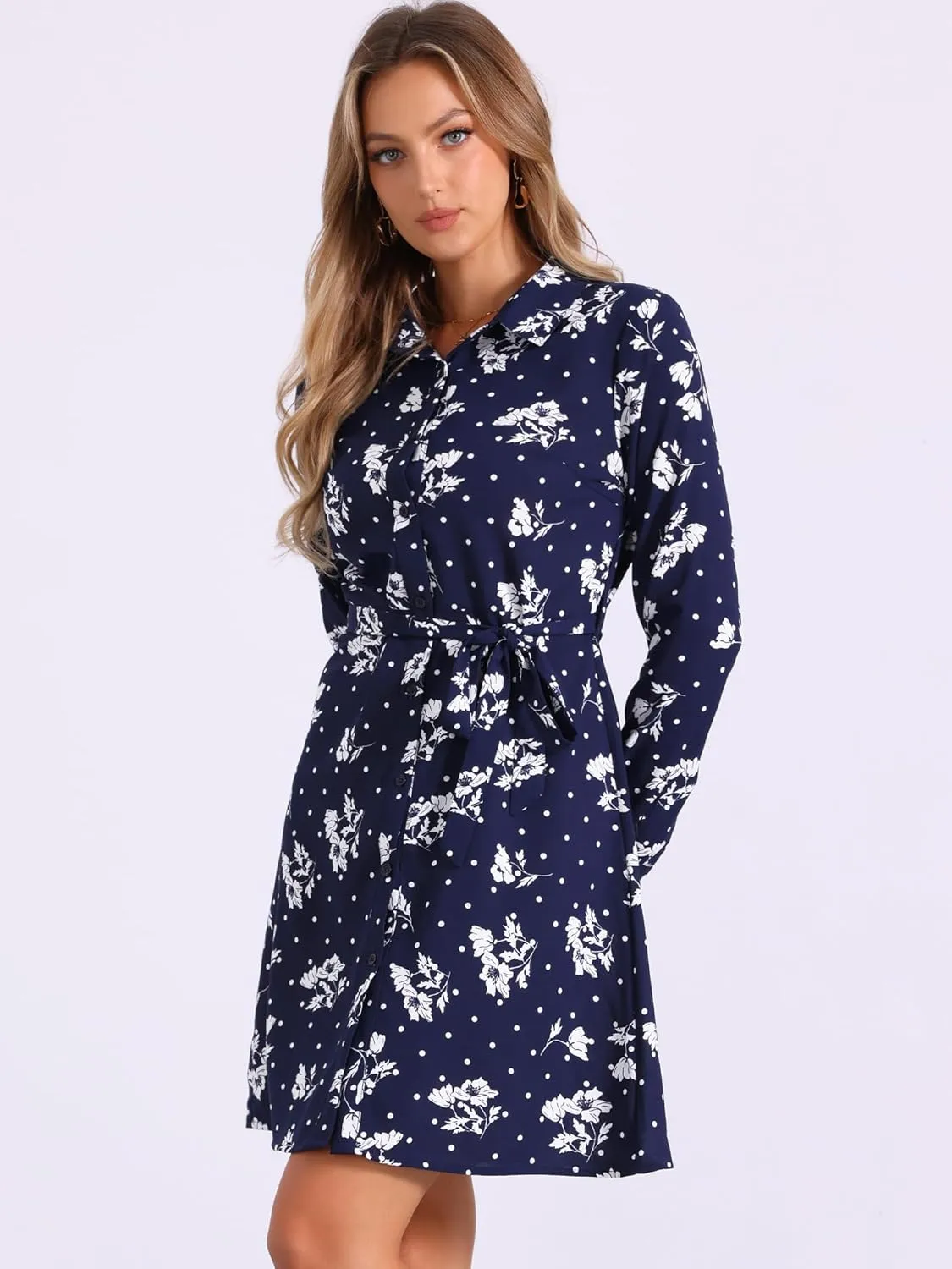 Allegra K Women's Button Down Vintage Polka Dots Dresses Collar Tie Belted Shirt Dress