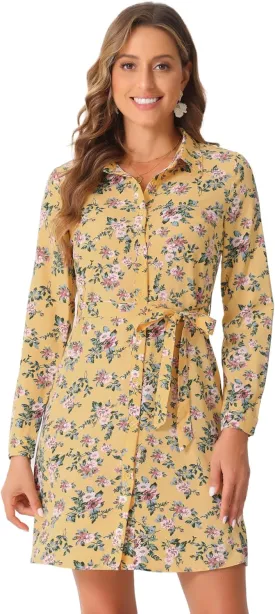 Allegra K Women's Button Down Vintage Polka Dots Dresses Collar Tie Belted Shirt Dress