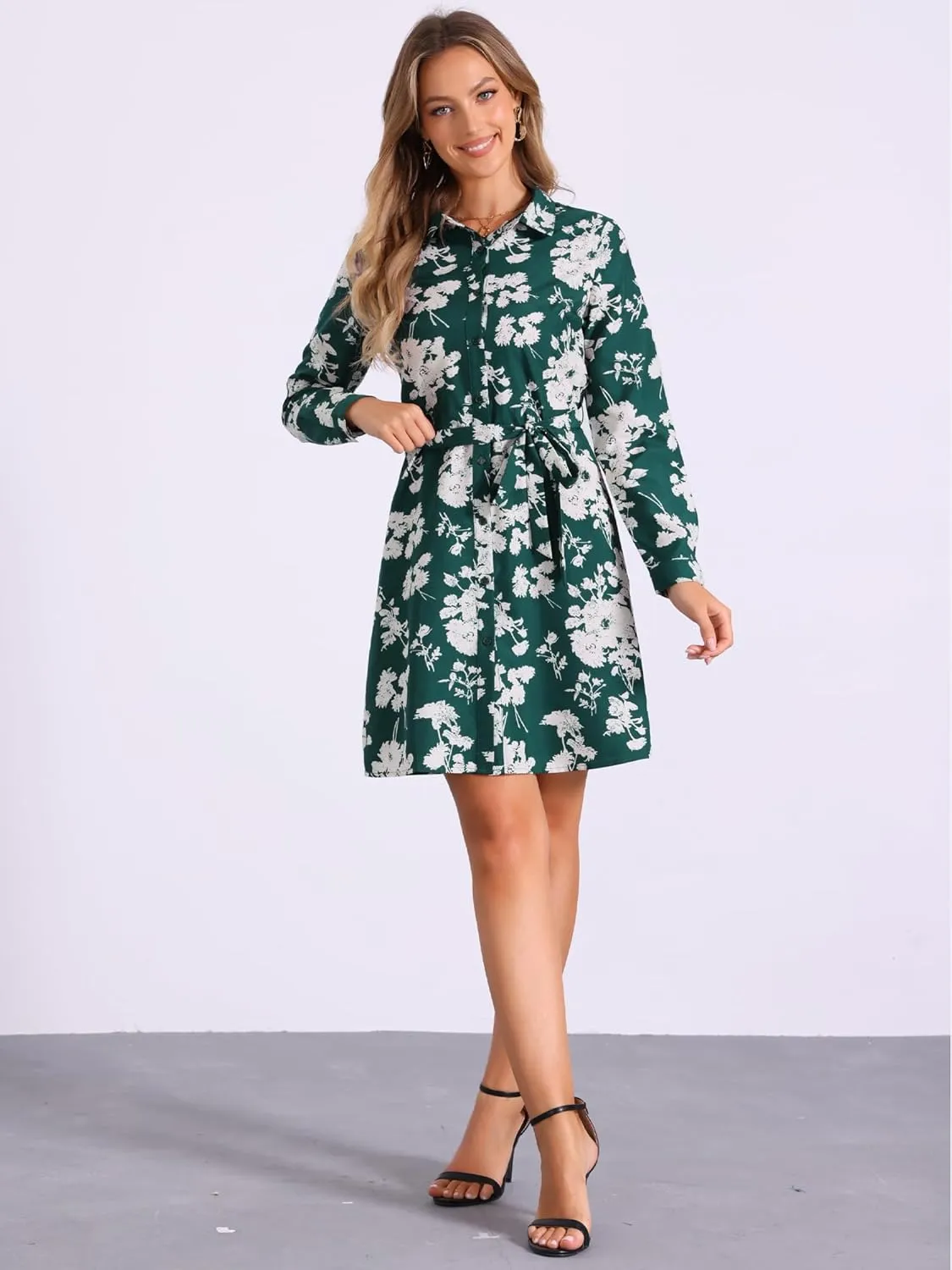 Allegra K Women's Button Down Vintage Polka Dots Dresses Collar Tie Belted Shirt Dress