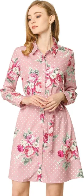 Allegra K Women's Button Down Vintage Polka Dots Dresses Collar Tie Belted Shirt Dress