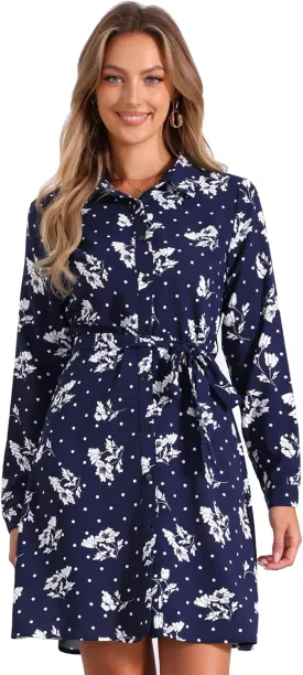Allegra K Women's Button Down Vintage Polka Dots Dresses Collar Tie Belted Shirt Dress