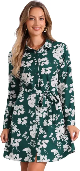 Allegra K Women's Button Down Vintage Polka Dots Dresses Collar Tie Belted Shirt Dress