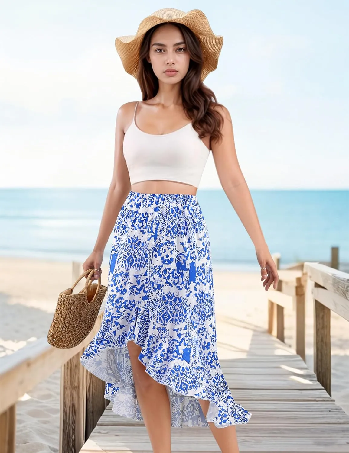 Aupuls Summer High Low Boho Skirts for Women Floral Beach Vacation Midi Skirt Casual
