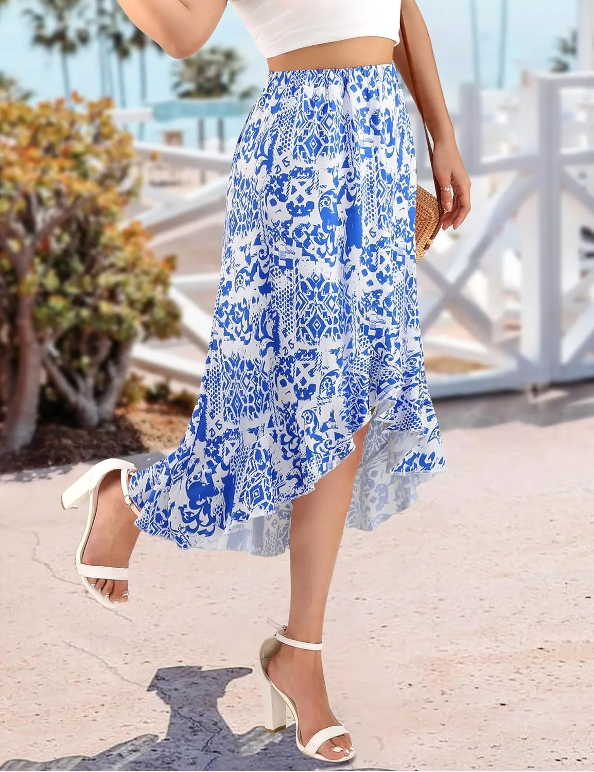 Aupuls Summer High Low Boho Skirts for Women Floral Beach Vacation Midi Skirt Casual