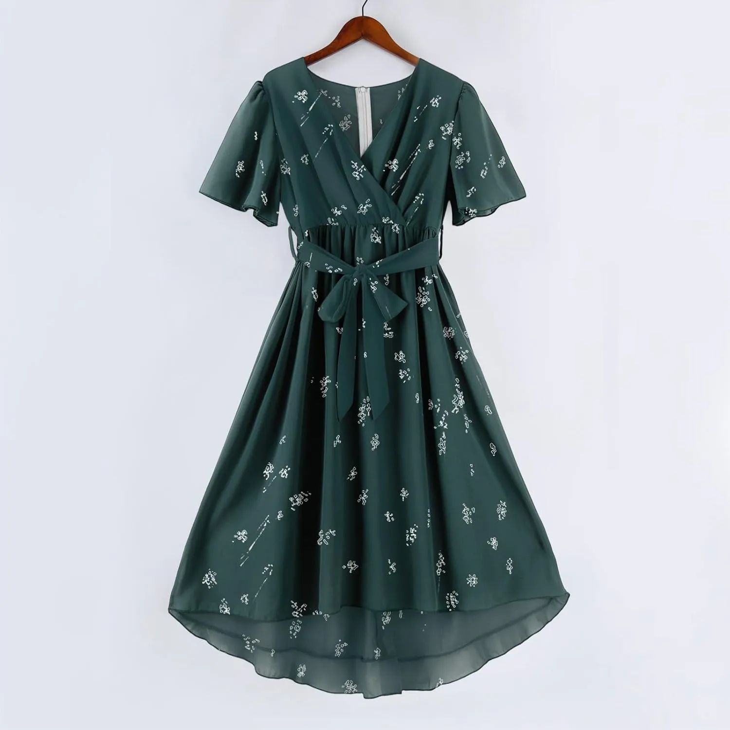 Boho Dresses for Women,2025 Summer Trendy Floral Chiffon Midi Dress,Elegant V Neck Belted Flowy Beach Vacation Dress