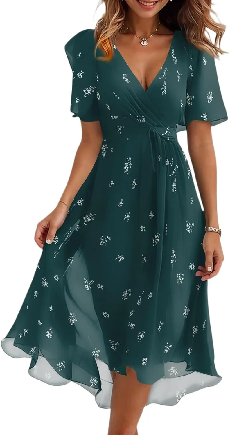 Boho Dresses for Women,2025 Summer Trendy Floral Chiffon Midi Dress,Elegant V Neck Belted Flowy Beach Vacation Dress