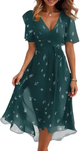 Boho Dresses for Women,2025 Summer Trendy Floral Chiffon Midi Dress,Elegant V Neck Belted Flowy Beach Vacation Dress