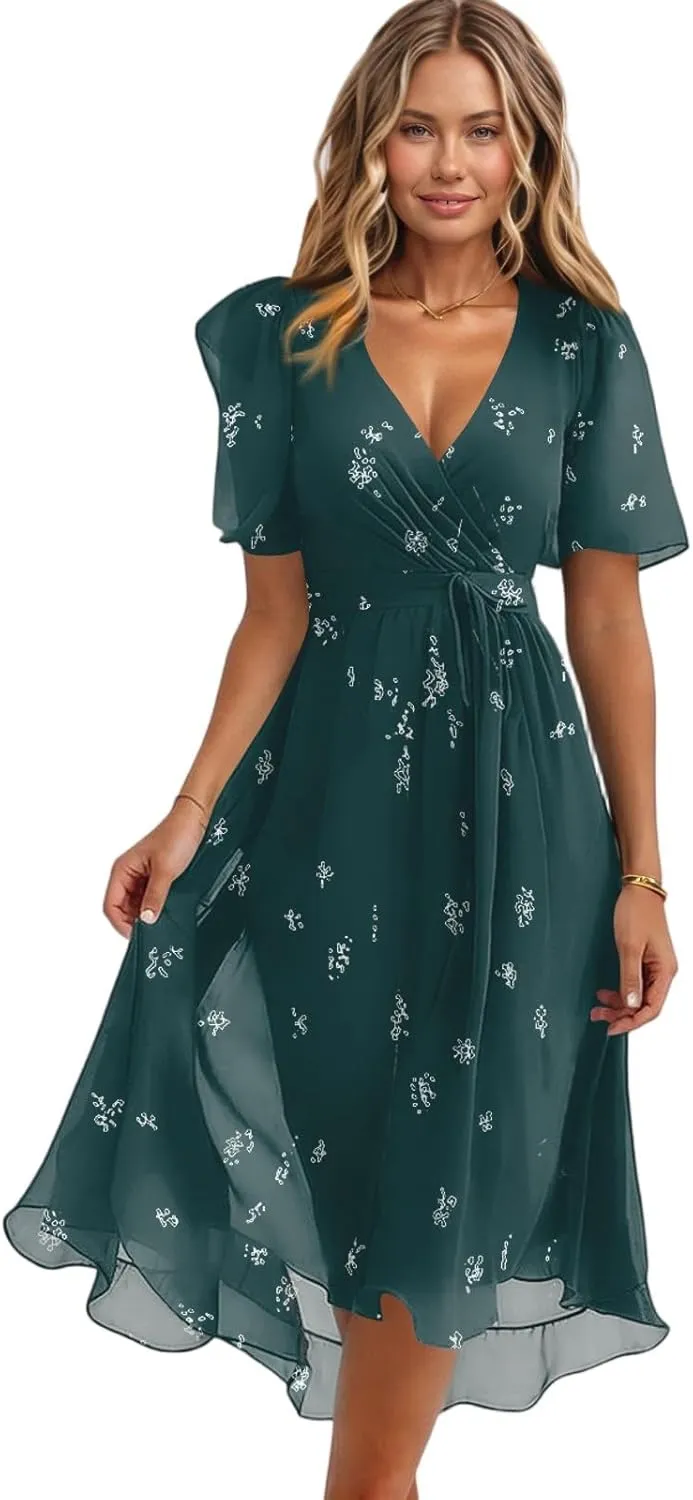 Boho Dresses for Women,2025 Summer Trendy Floral Chiffon Midi Dress,Elegant V Neck Belted Flowy Beach Vacation Dress