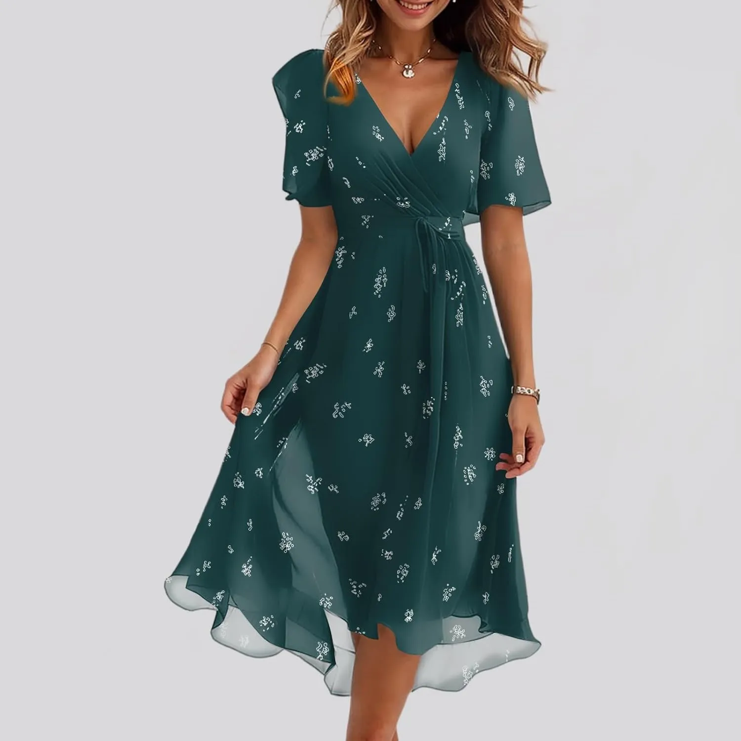 Boho Dresses for Women,2025 Summer Trendy Floral Chiffon Midi Dress,Elegant V Neck Belted Flowy Beach Vacation Dress