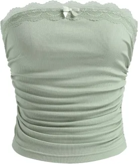 CIDER Lace Trim Tube Tops for Women Strapless Ribbed Ruched Going Out Tops Crop Top for Summer 2025