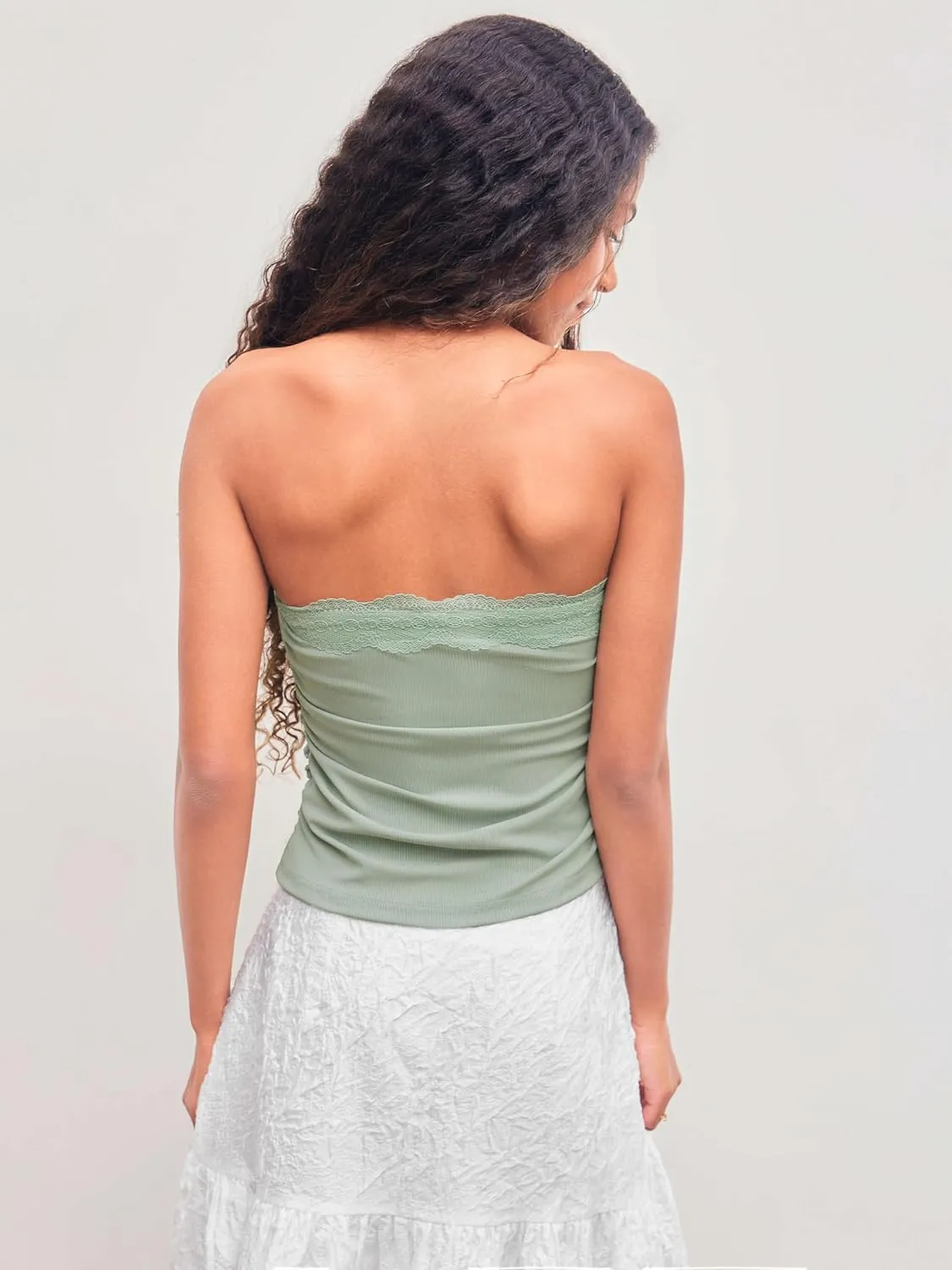 CIDER Lace Trim Tube Tops for Women Strapless Ribbed Ruched Going Out Tops Crop Top for Summer 2025