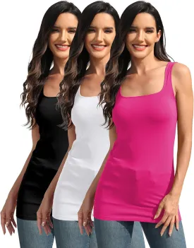 Cotton Square Neck Long Tank Tops for Women Tunic Layering Fitted Sleeveless Undershirt 3 Packs