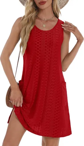 Coverup Summer Dresses for Women 2025 Eyelet Casual Loose Sleeveless Sundresses Tank Dresses with Pockets