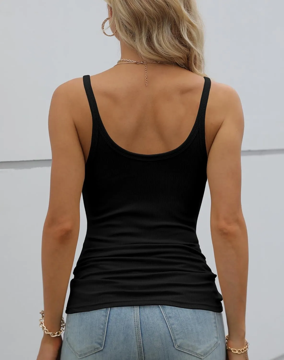 GEMBERA Women Spaghetti Strap Scoop Neck Ribbed Tank Tops Slim Fitted Cotton Camisole Basic Sleeveless Layering Shirts