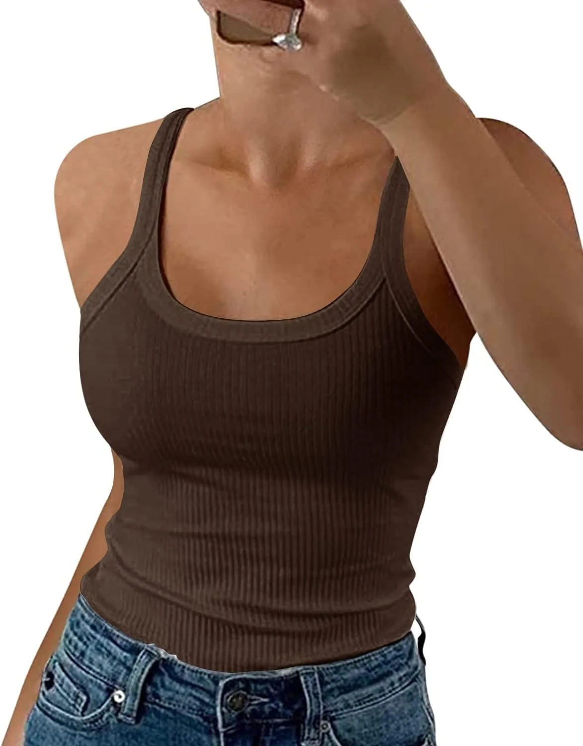 GEMBERA Women Spaghetti Strap Scoop Neck Ribbed Tank Tops Slim Fitted Cotton Camisole Basic Sleeveless Layering Shirts