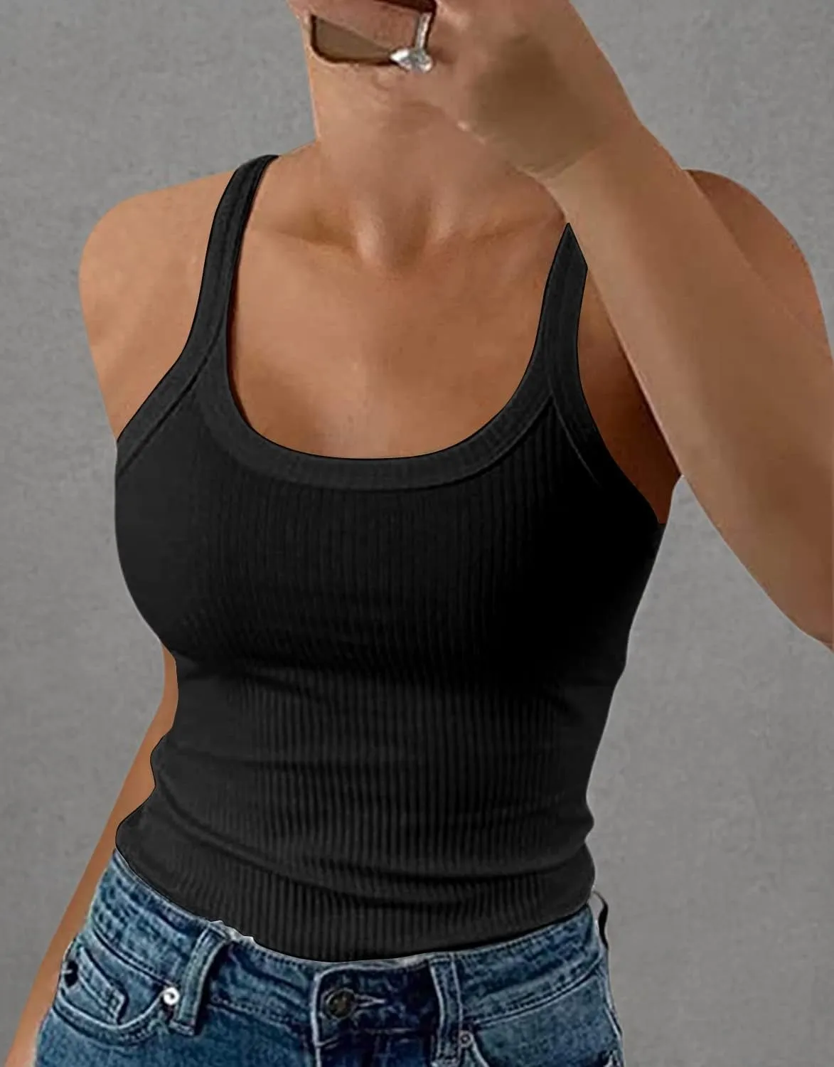 GEMBERA Women Spaghetti Strap Scoop Neck Ribbed Tank Tops Slim Fitted Cotton Camisole Basic Sleeveless Layering Shirts
