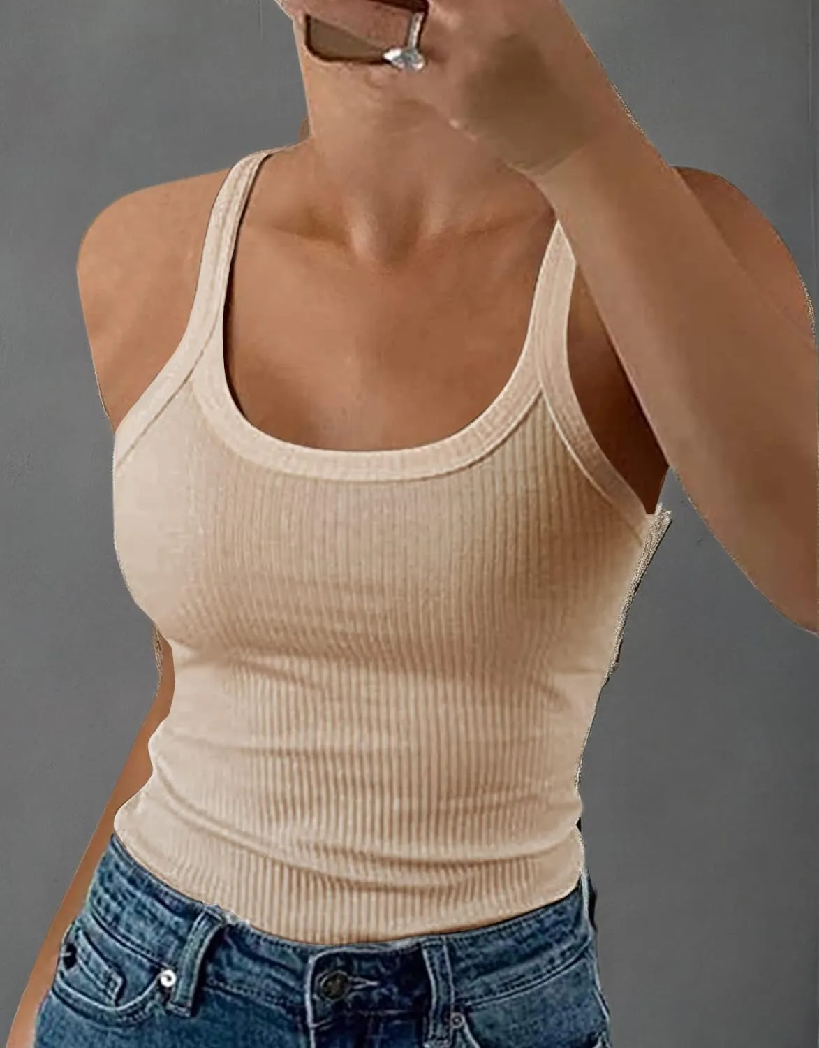 GEMBERA Women Spaghetti Strap Scoop Neck Ribbed Tank Tops Slim Fitted Cotton Camisole Basic Sleeveless Layering Shirts