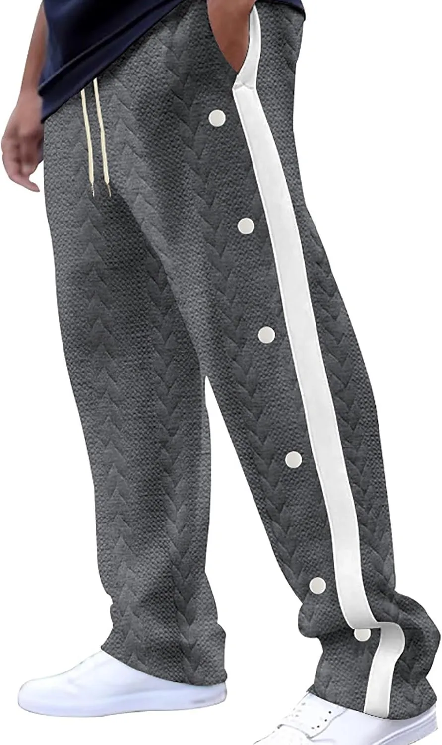 hlysgo Mens Jacquard Sweatpants Casual Loose Fit Side Button Trim Wide Leg Straight Pants Color Block Drawstring Joggers