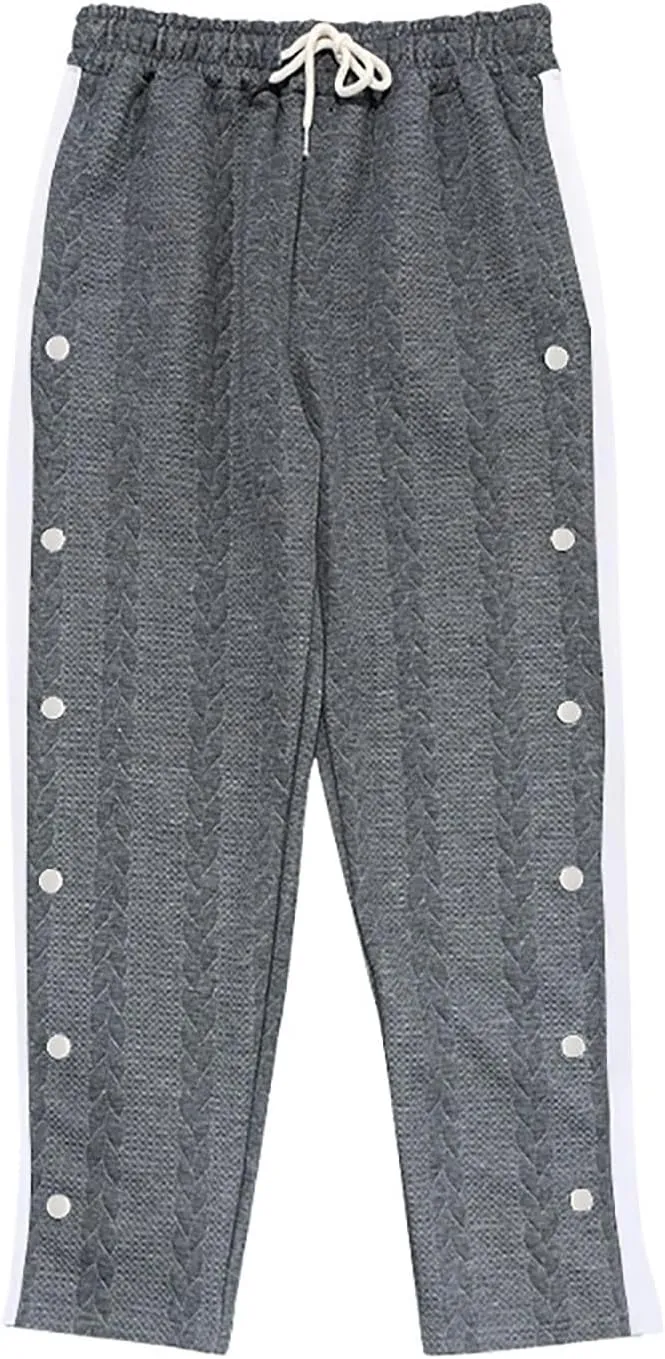 hlysgo Mens Jacquard Sweatpants Casual Loose Fit Side Button Trim Wide Leg Straight Pants Color Block Drawstring Joggers