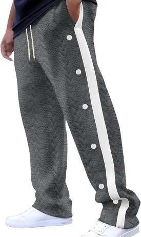 hlysgo Mens Jacquard Sweatpants Casual Loose Fit Side Button Trim Wide Leg Straight Pants Color Block Drawstring Joggers