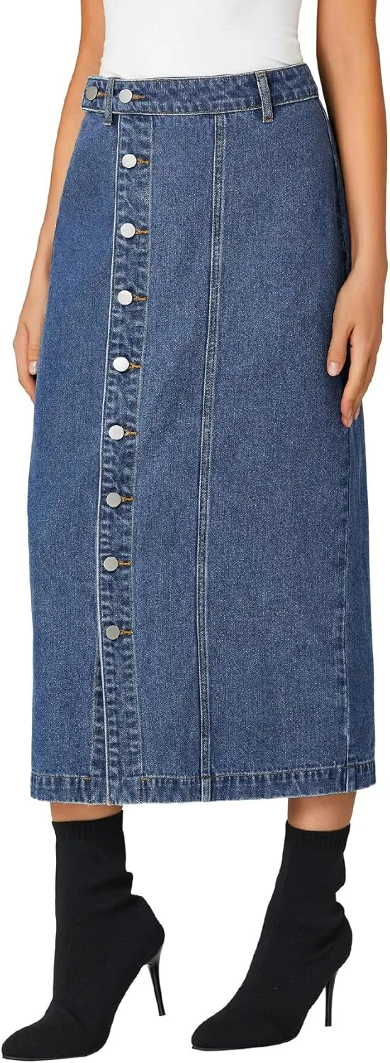 KIFOVEN Women's Casual Slit Jean Midi Skirt High Waist Button Up Denim Skirt