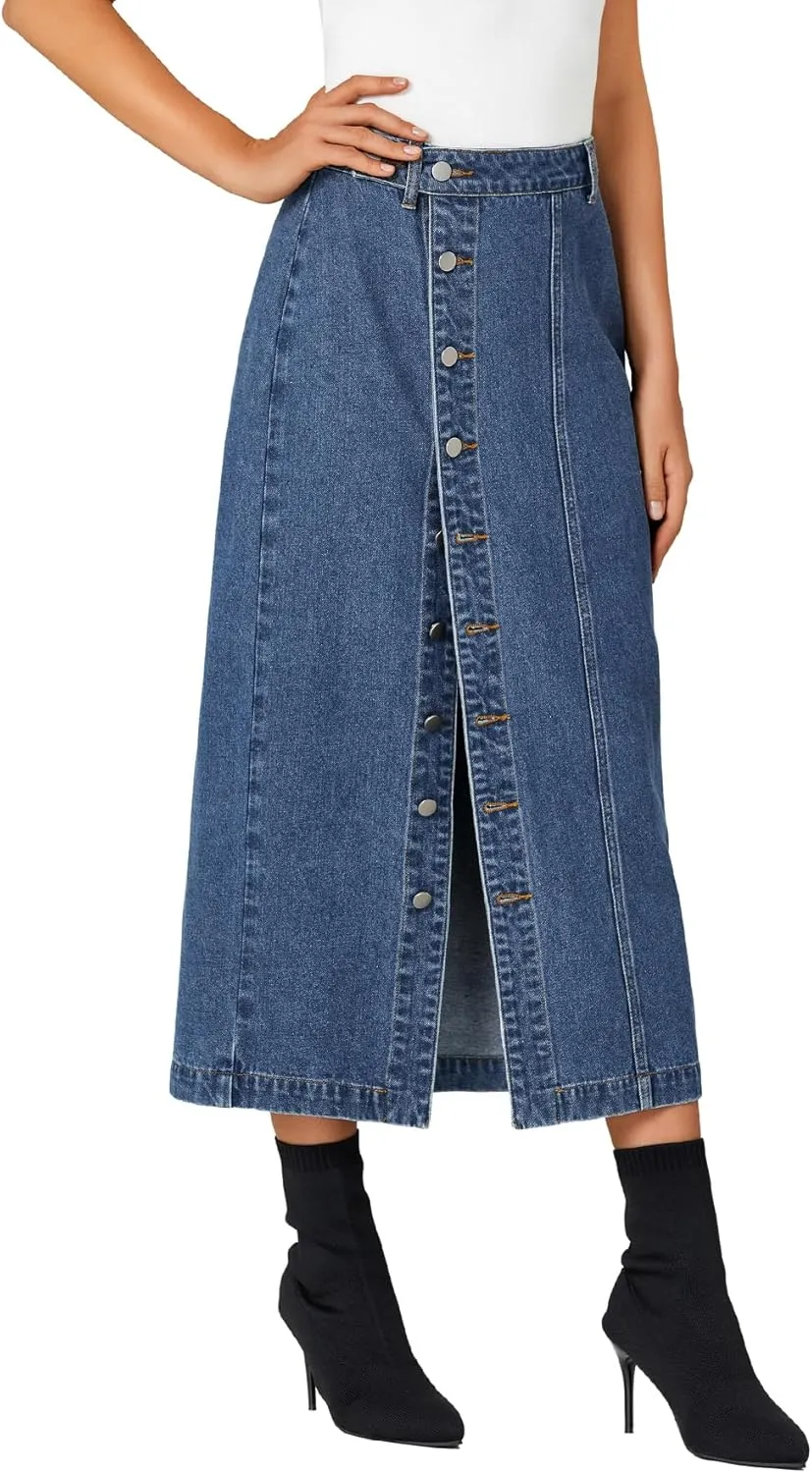 KIFOVEN Women's Casual Slit Jean Midi Skirt High Waist Button Up Denim Skirt