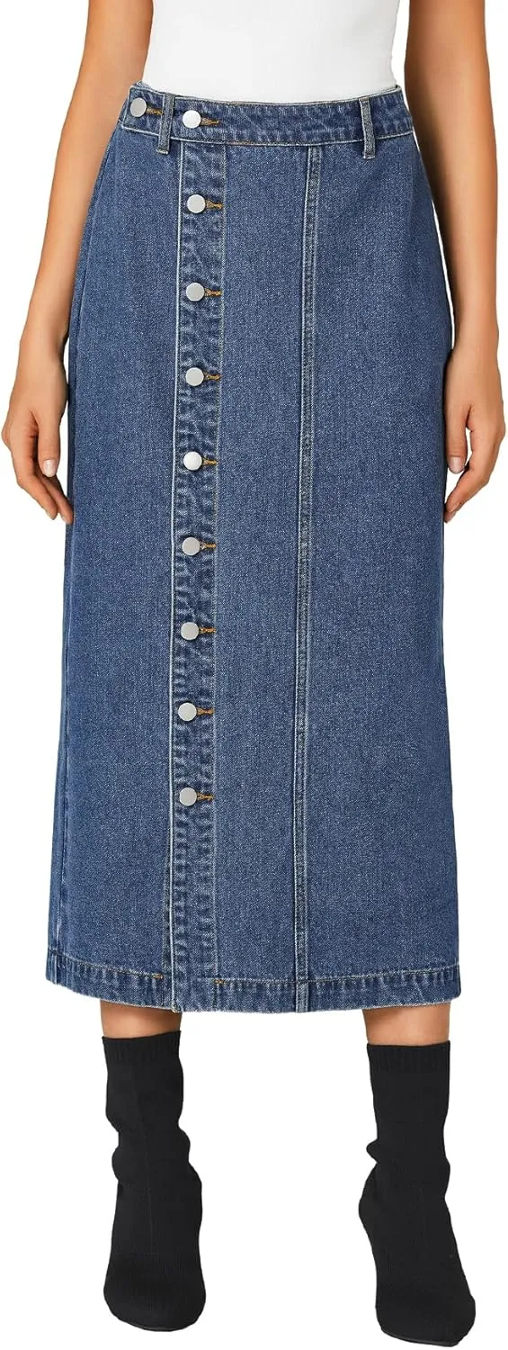 KIFOVEN Women's Casual Slit Jean Midi Skirt High Waist Button Up Denim Skirt