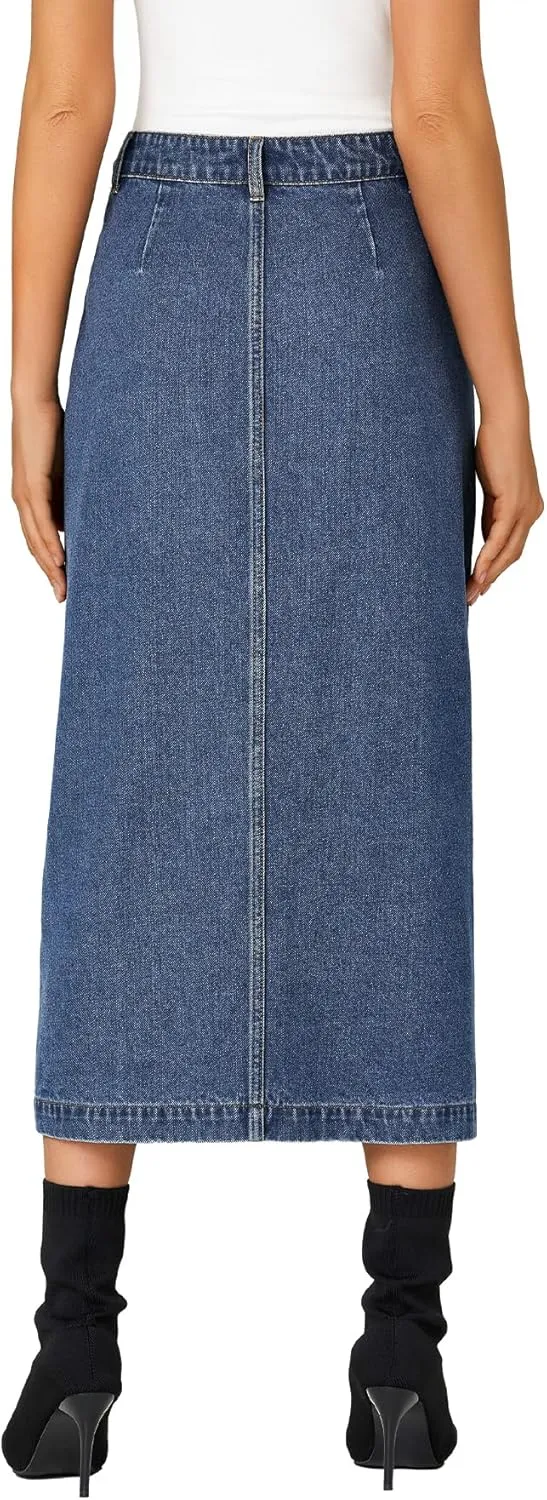 KIFOVEN Women's Casual Slit Jean Midi Skirt High Waist Button Up Denim Skirt