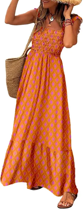 LOLONG Maxi Dress for Women Summer Boho Spaghetti Strap Square Neck Ruffle Beach Sun Dress
