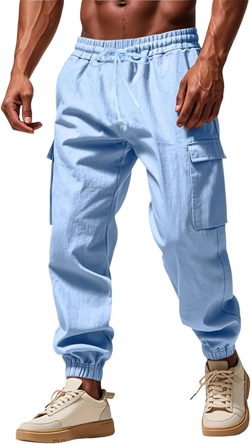 Men's Casual Cargo Joggers Drawstring Straight Leg Breathable Chino Pants Athletic Relaxed Fit Twill Jogging Sweatpants
