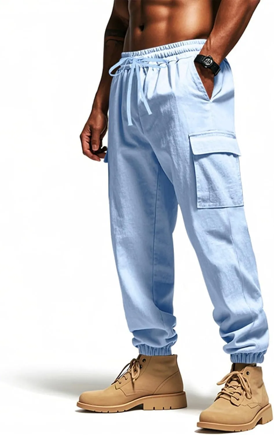 Men's Casual Cargo Joggers Drawstring Straight Leg Breathable Chino Pants Athletic Relaxed Fit Twill Jogging Sweatpants