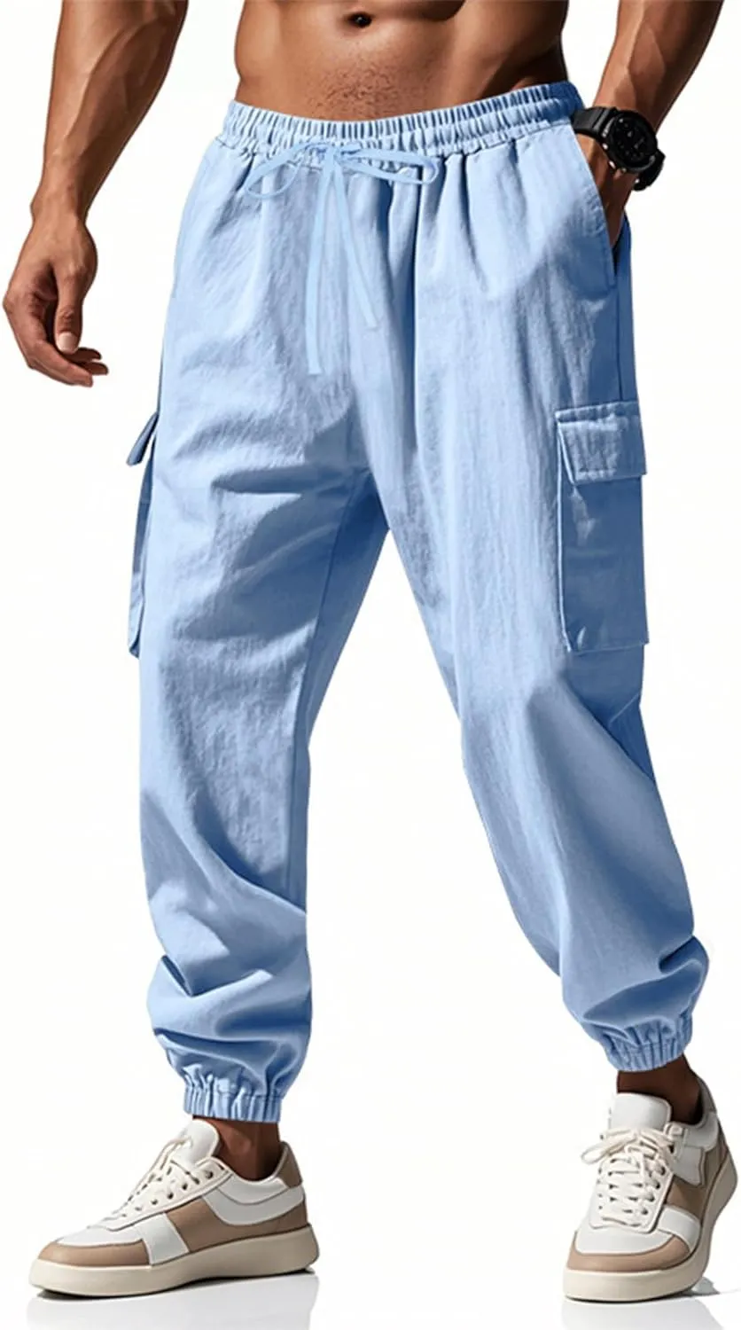 Men's Casual Cargo Joggers Drawstring Straight Leg Breathable Chino Pants Athletic Relaxed Fit Twill Jogging Sweatpants