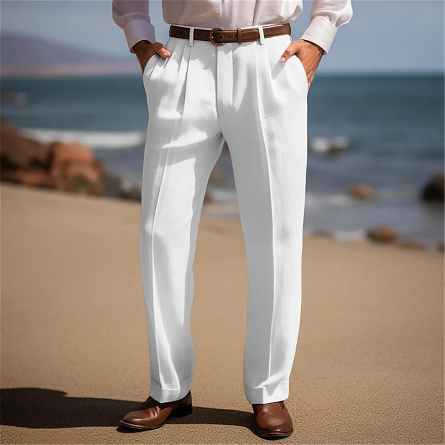 Mens Cotton Linen Trouser Classic Fit Pleat Front Straight Leg Regular Fit Pants Summer Casual Big & Tall Solid Slacks