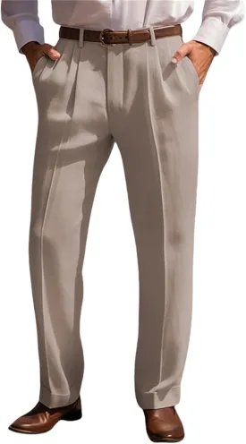 Mens Cotton Linen Trouser Classic Fit Pleat Front Straight Leg Regular Fit Pants Summer Casual Big & Tall Solid Slacks