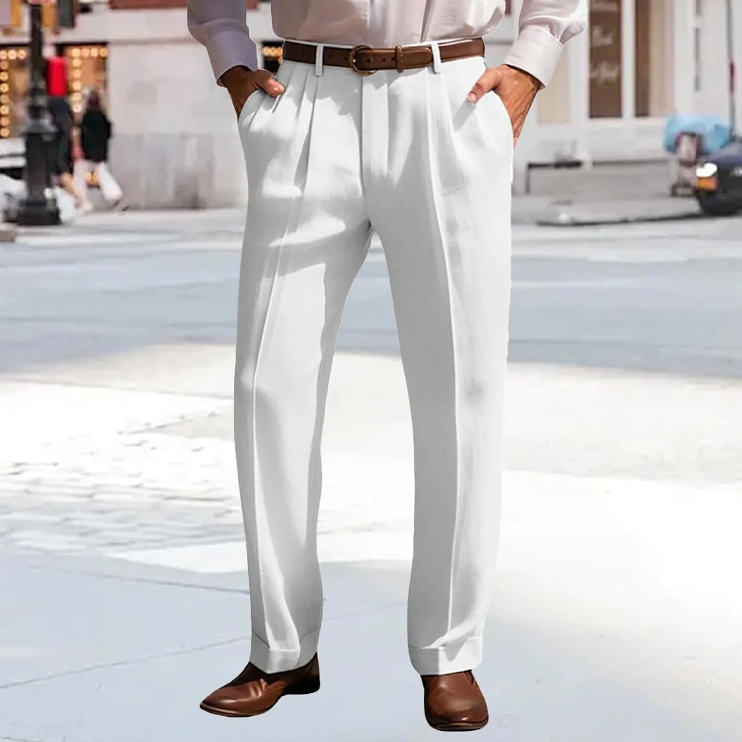 Mens Cotton Linen Trouser Classic Fit Pleat Front Straight Leg Regular Fit Pants Summer Casual Big & Tall Solid Slacks
