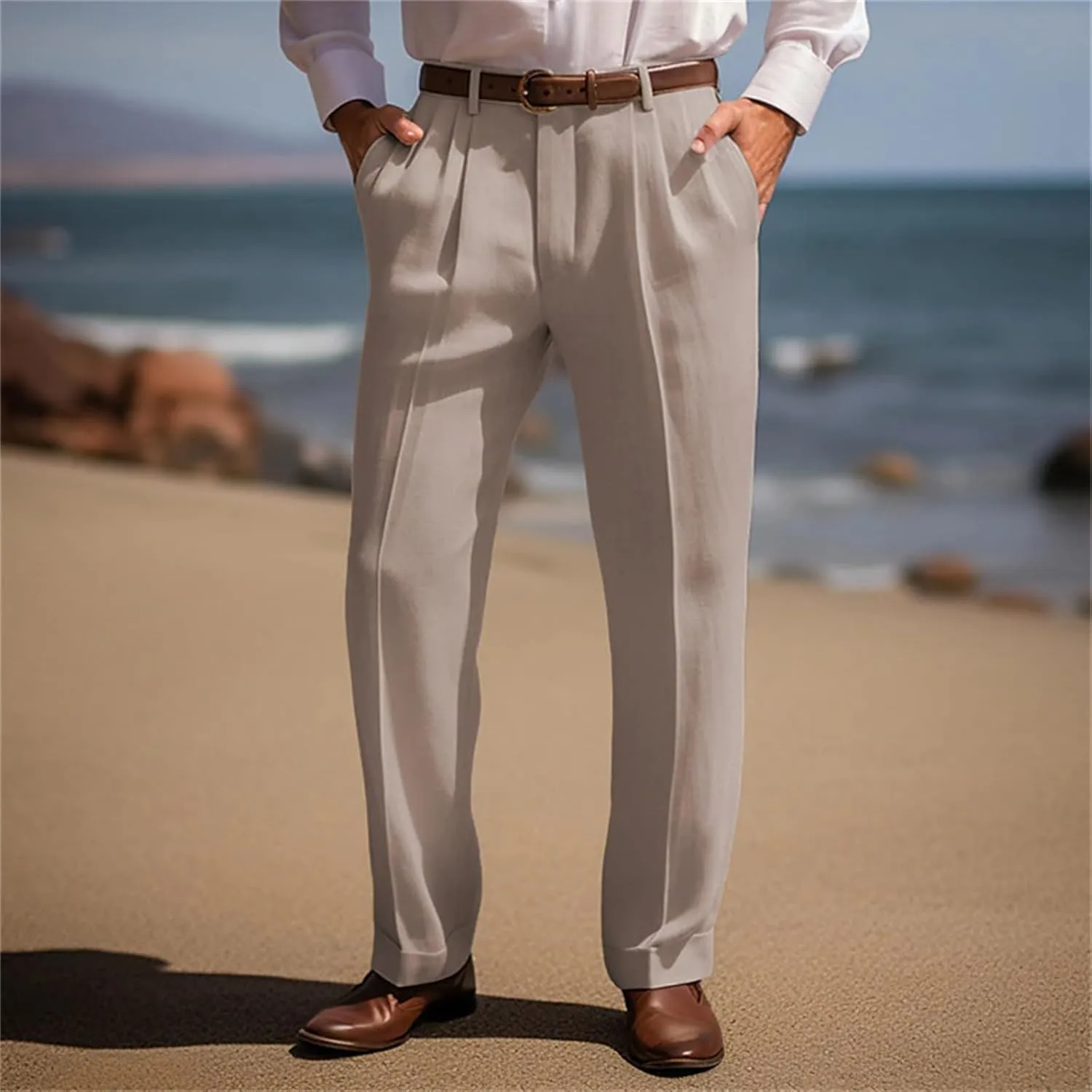 Mens Cotton Linen Trouser Classic Fit Pleat Front Straight Leg Regular Fit Pants Summer Casual Big & Tall Solid Slacks