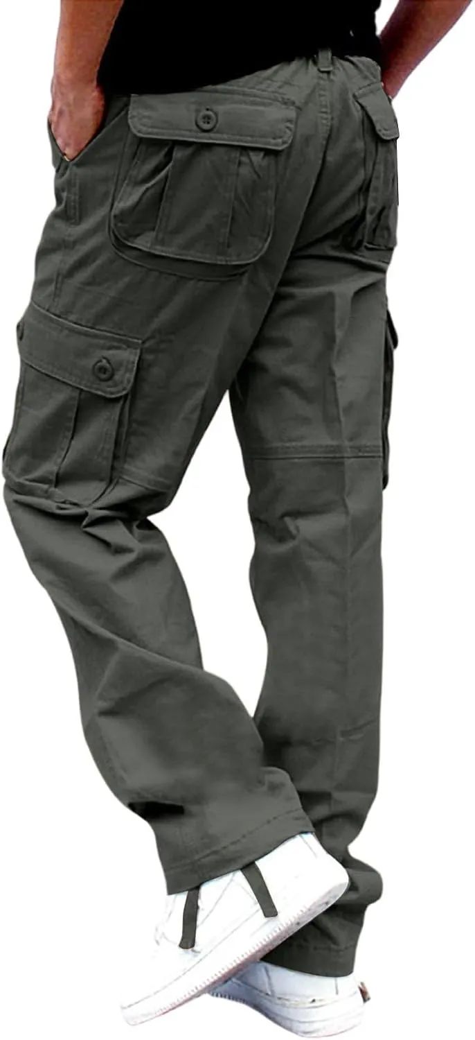 Men's Outdoor Cargo Pants Utility Elastic Waist Pockets Ripstop Relaxed Fit Tactical Pants Stretch Jogging Sweatpants