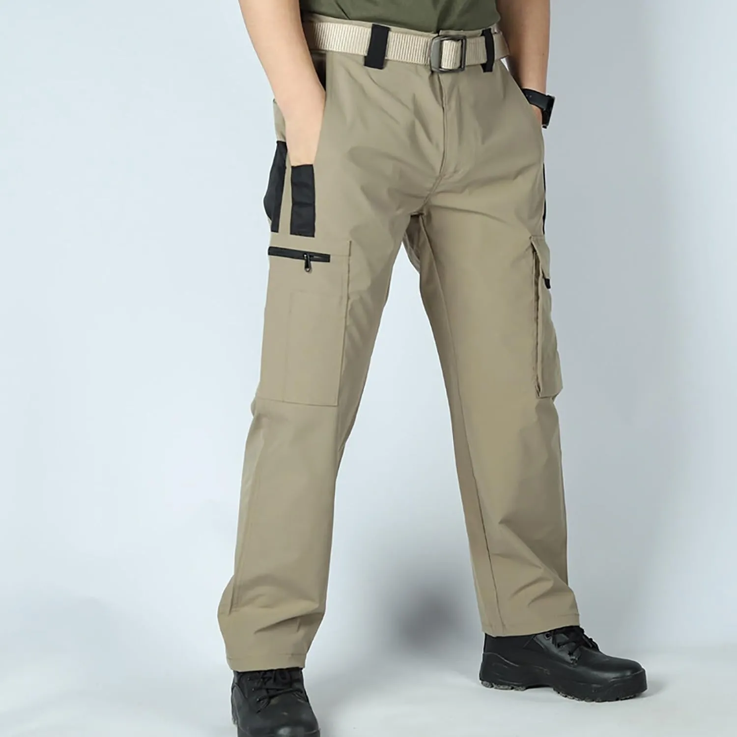 Men's Outdoor Cargo Pants Utility Elastic Waist Pockets Zipper Relaxed Fit Tactical Pants Stretch Jogging Sweatpants